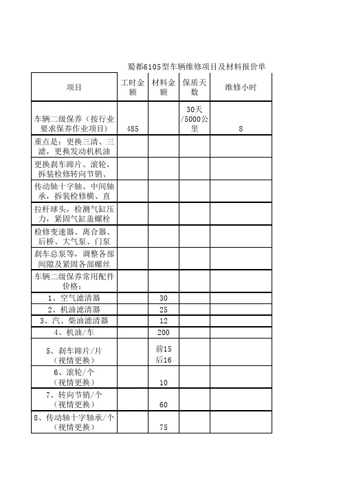 蜀都6105型车辆维修项目及材料报价单 (2)