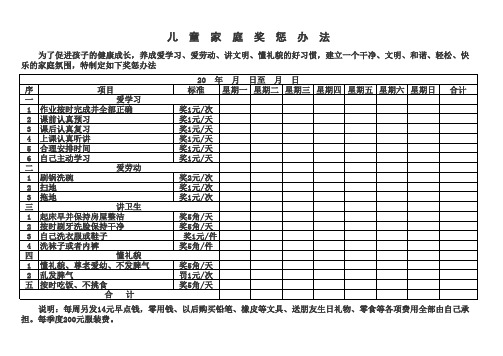 儿童家庭奖惩表