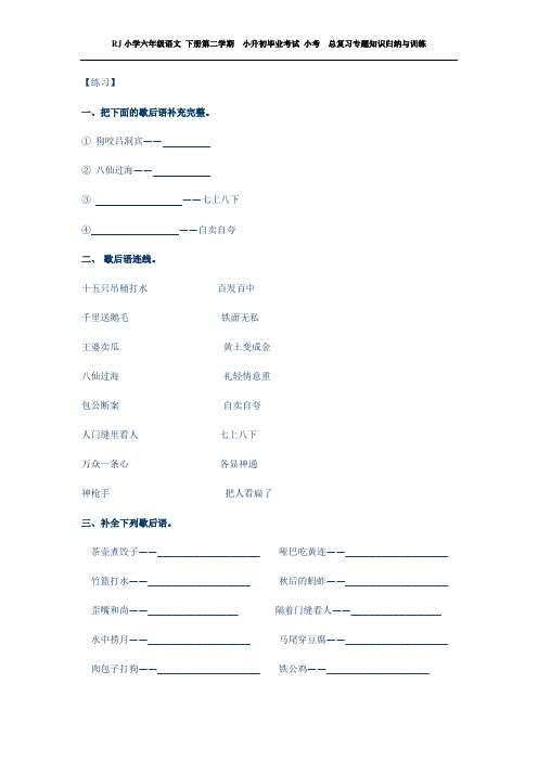 RJ小学六年级语文 下册第二学期  小升初毕业考试 小考  总复习专题知识归纳与训练——歇后语专题专练