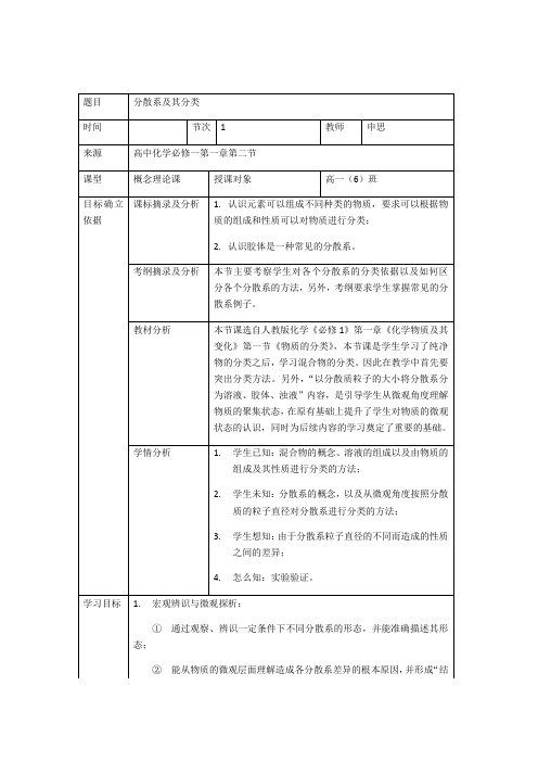 2.1.2 分散系及其分类 教案-重庆市天星桥中学人教版高中化学必修一