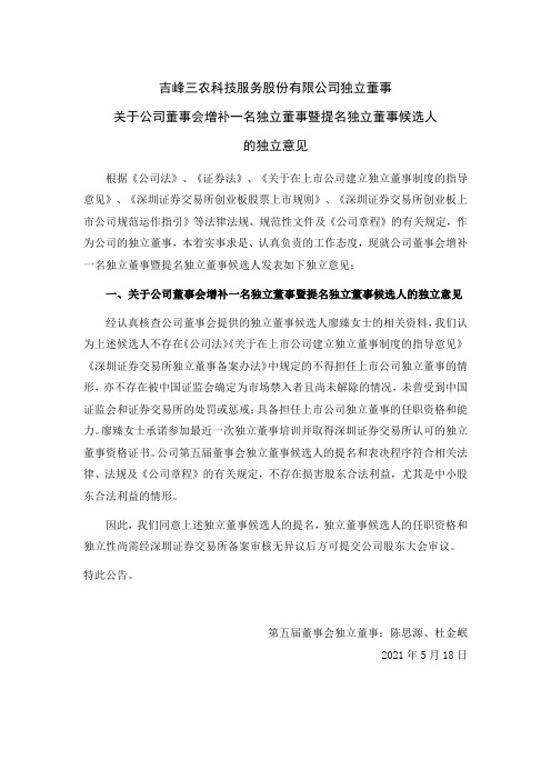 300022吉峰科技：独立董事关于公司董事会增补一名独立董事暨提名独立董事候选人的独立意见