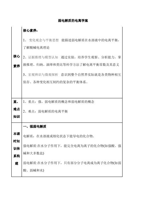 人教版高中化学选修四教案设计：3.1弱电解质的电离