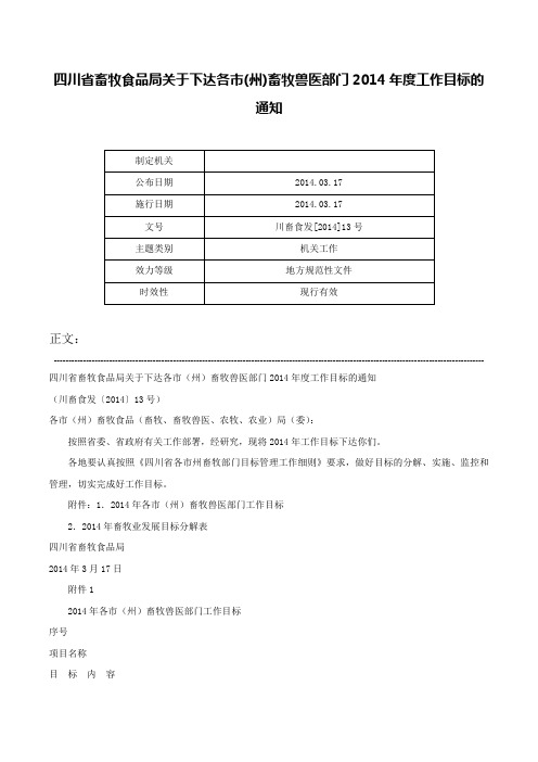 四川省畜牧食品局关于下达各市(州)畜牧兽医部门2014年度工作目标的通知-川畜食发[2014]13号