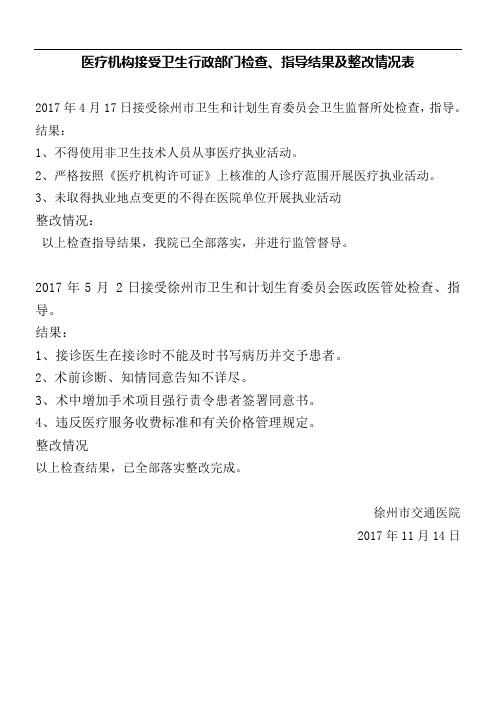 校验期内接受卫生行政部门检查、指导结果及整改情况表