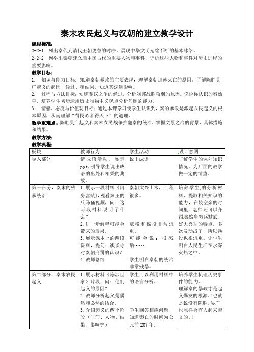 人教版八年级历史与社会上册教案：3-2秦末农民起义与汉朝的建立教学设计