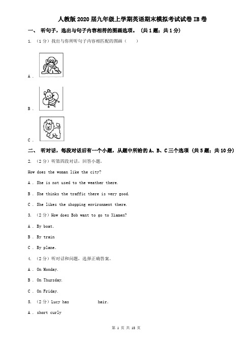 人教版2020届九年级上学期英语期末模拟考试试卷IB卷