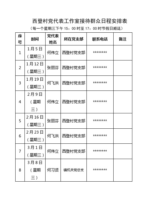 西登村党代表工作室接待群众日程安排表【模板】