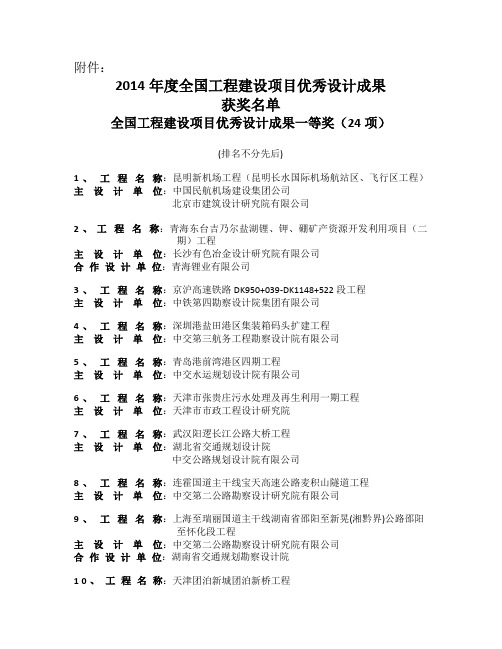 2014年度全国工程建设项目优秀设计成果获奖名单