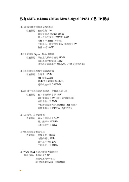 新版已有SMIC 0.18um CMOS Mixed-signal 1P6M工艺 IP硬核汇总441.doc