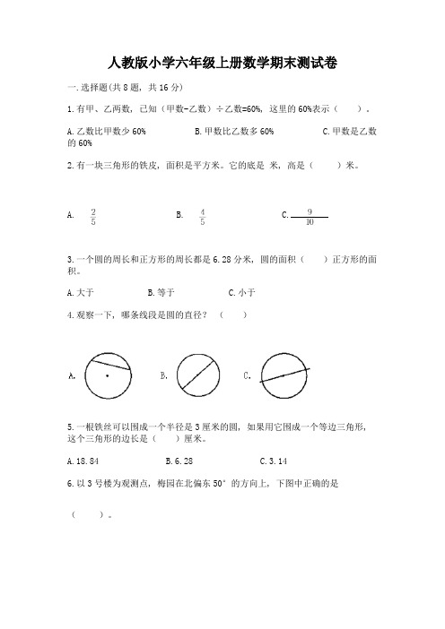 人教版小学六年级上册数学期末测试卷及完整答案(夺冠系列)