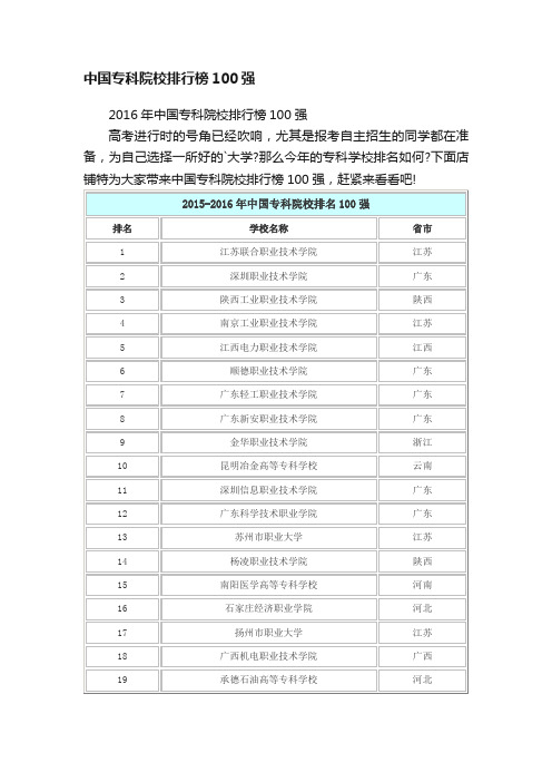 中国专科院校排行榜100强