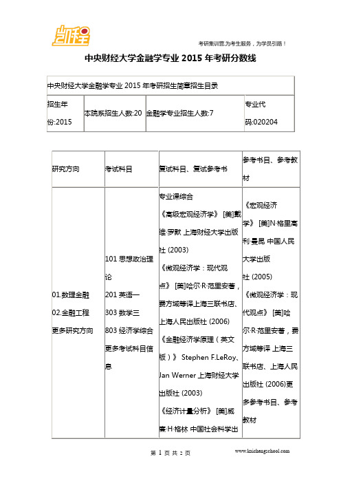 2015年中央财经大学金融学专业考研分数线