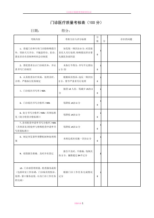 门诊医疗质量考核表