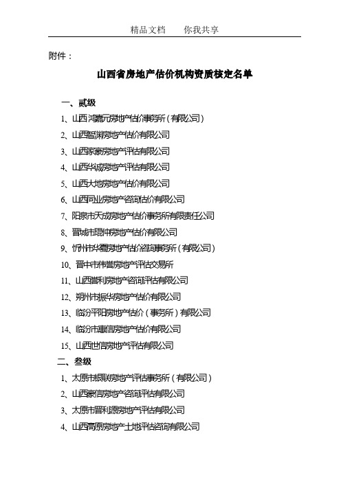 山西省房地产估价机构资质核定名单