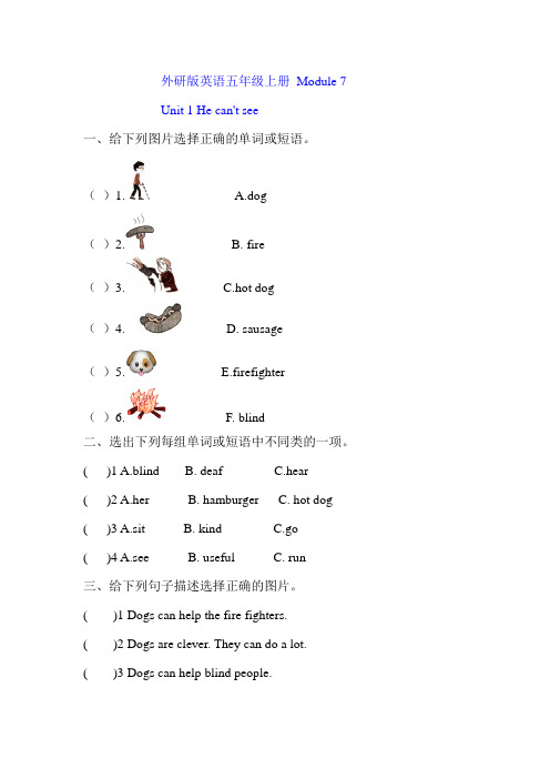 外研版英语五年级上册 Module 7 Unit 1 He can't see测试卷(含答案)