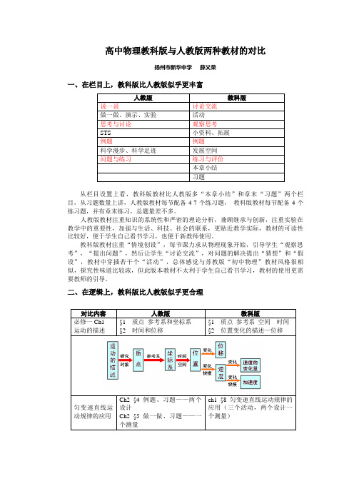 高中物理教科版与人教版两种教材的对比研究(扬州市新华中学 薛义荣)