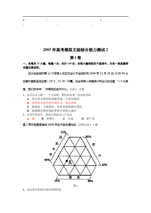 免费最给力2005年高考模拟文综综合能力测试2