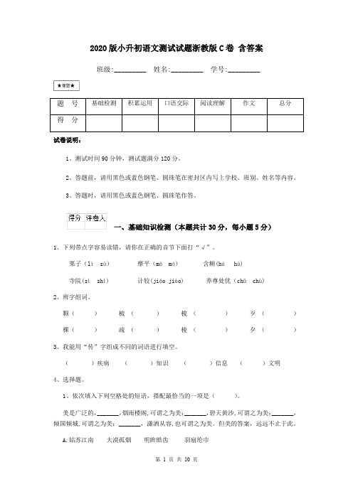 2020版小升初语文测试试题浙教版C卷 含答案