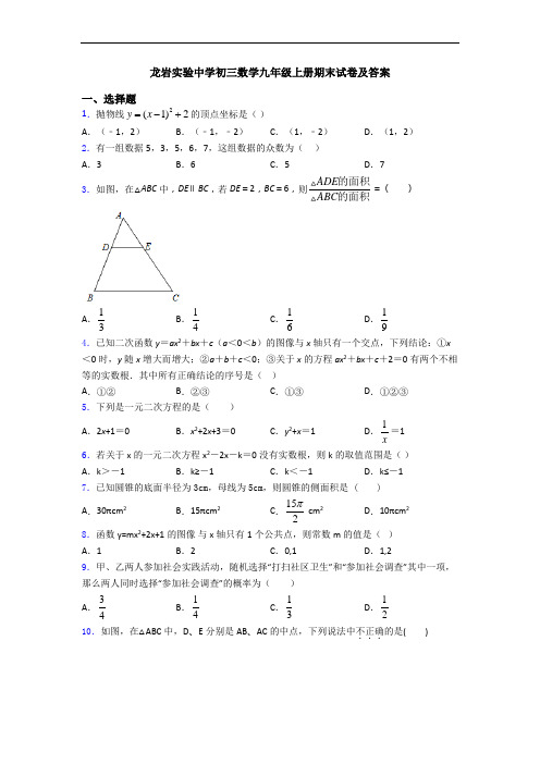 龙岩实验中学初三数学九年级上册期末试卷及答案