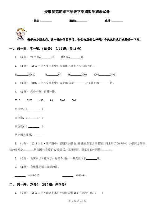 安徽省芜湖市三年级 下学期数学期末试卷