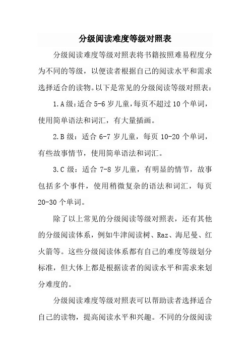 分级阅读难度等级对照表