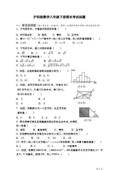 沪科版数学八年级下册期末考试试卷及答案