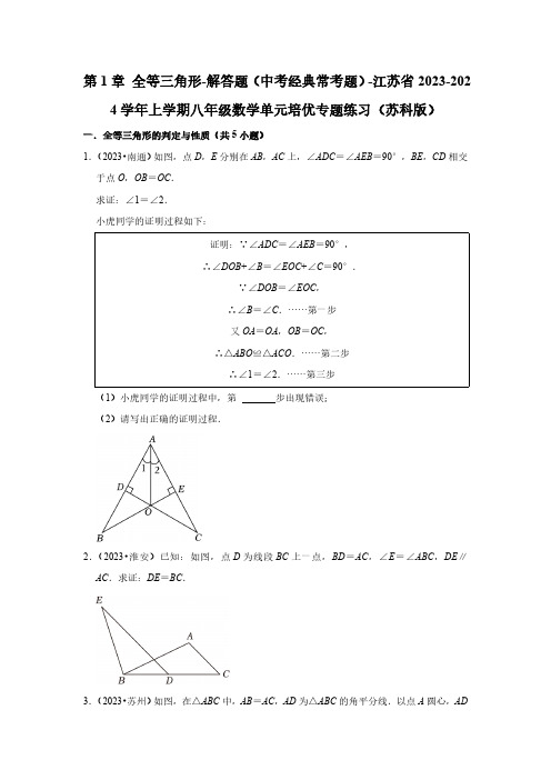 第1章 全等三角形-解答题中考经典常考题)-江苏省2023-2024学年上学期八年级数学单元培优专题