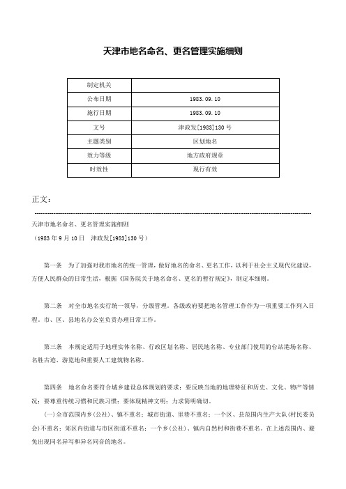 天津市地名命名、更名管理实施细则-津政发[1983]130号