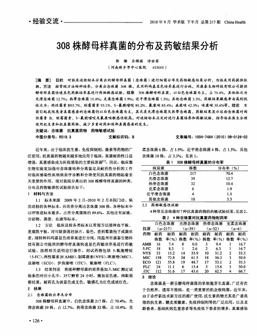 308株酵母样真菌的分布及药敏结果分析