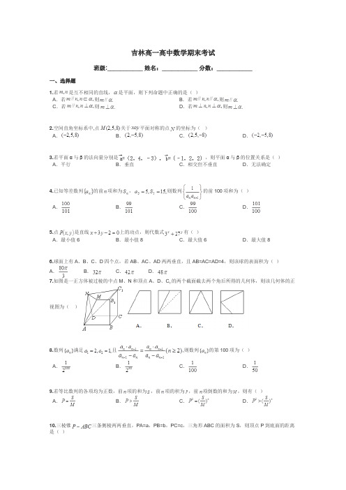 吉林高一高中数学期末考试带答案解析
