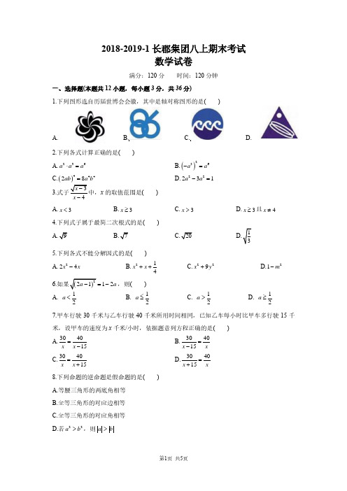 2018-2019-1长郡八上期末考试数学试卷(含参考答案)