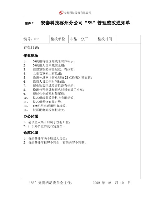 安泰科技“5s”竞赛整改通知单(非晶).doc