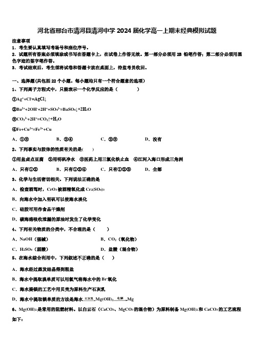 河北省邢台市清河县清河中学2024届化学高一上期末经典模拟试题含解析