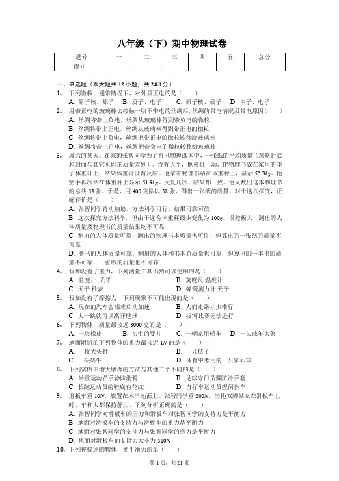 2020年江苏省无锡市江阴市八年级(下)期中物理试卷