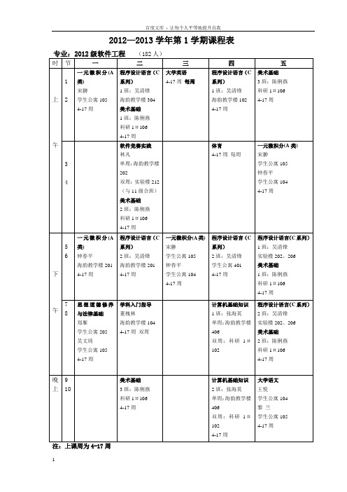 2012—2013学年第1学期课程表