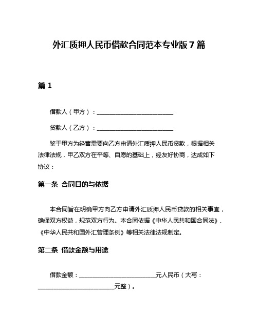 外汇质押人民币借款合同范本专业版7篇