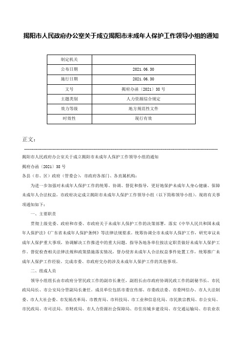 揭阳市人民政府办公室关于成立揭阳市未成年人保护工作领导小组的通知-揭府办函〔2021〕38号