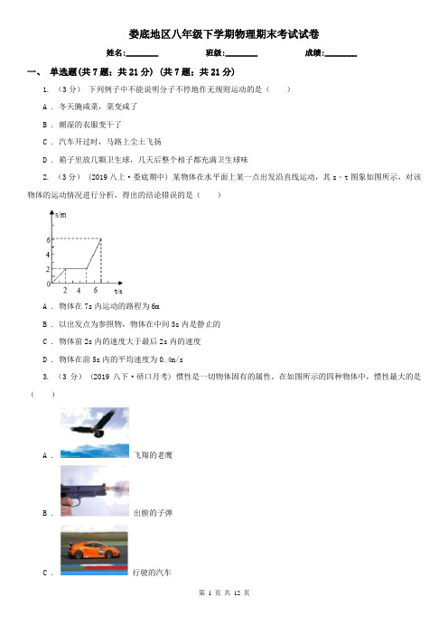 娄底地区八年级下学期物理期末考试试卷