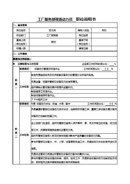 工厂服务部现场动力员新职位说明书郑欣