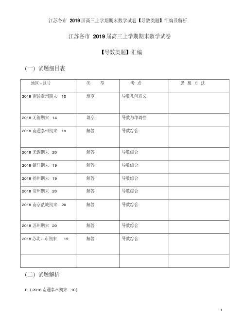 江苏各市2019届高三上学期期末数学试卷【导数类题】汇编及解析