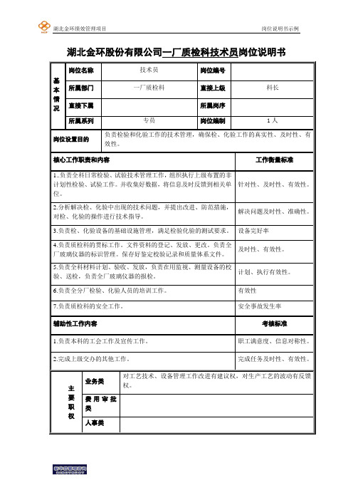 质检科技术员岗位说明书