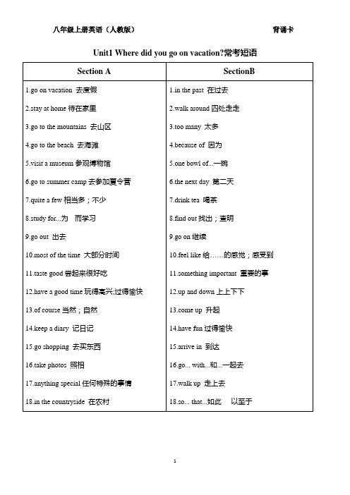 八年级英语上册短语背诵卡