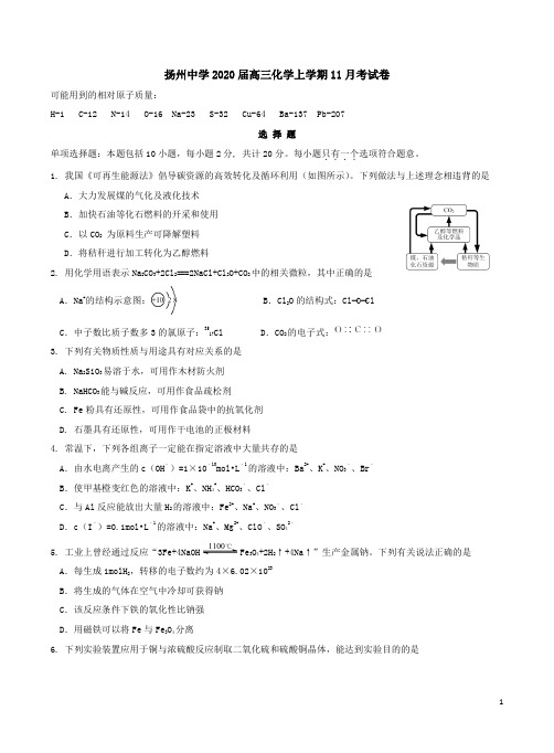 扬州中学2020届高三化学上学期11月考试卷附答案详析