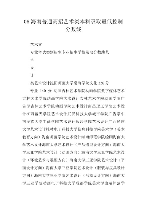 06海南普通高招艺术类本科录取最低控制分数线