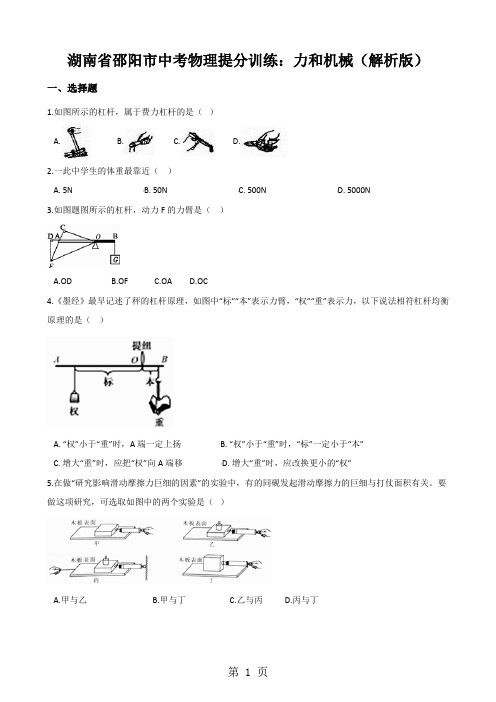 湖南省邵阳市中考物理提分训练:力和机械(解析版)