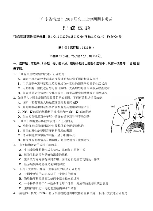 广东省清远市2018届高三上学期期末考试理综试卷(word版,含答案)