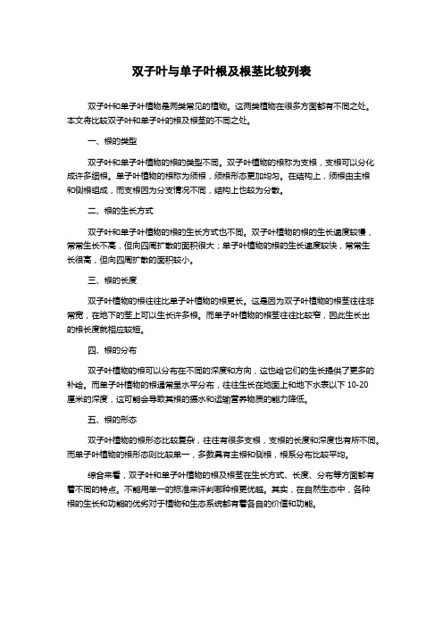 双子叶与单子叶根及根茎比较列表