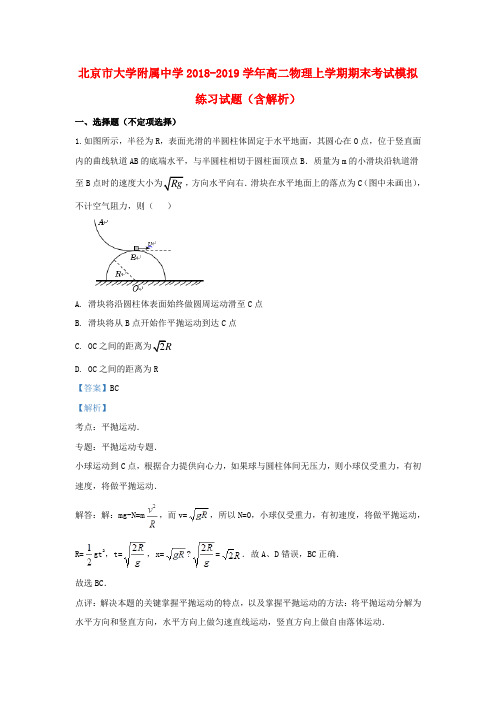 北京市大学附属中学2018_2019学年高二物理上学期期末考试模拟练习试题(含解析)