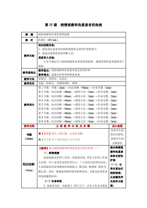 护理学基础第15课病情观察和危重患者的抢救教学教案