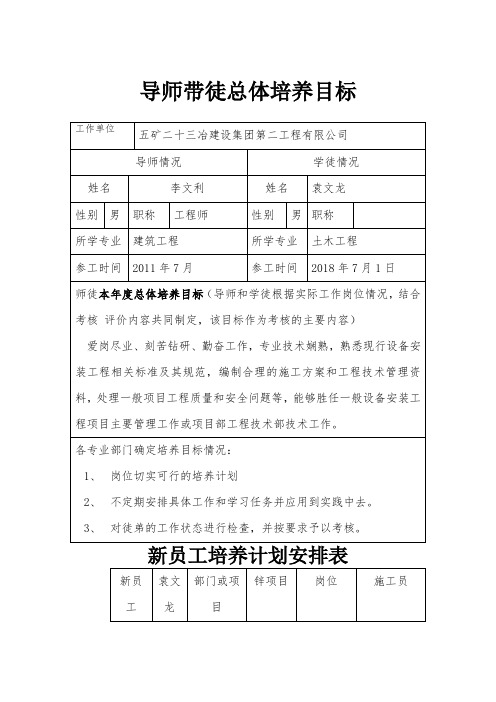 导师带徒总体培养目标与新员工培养计划安排表袁文龙